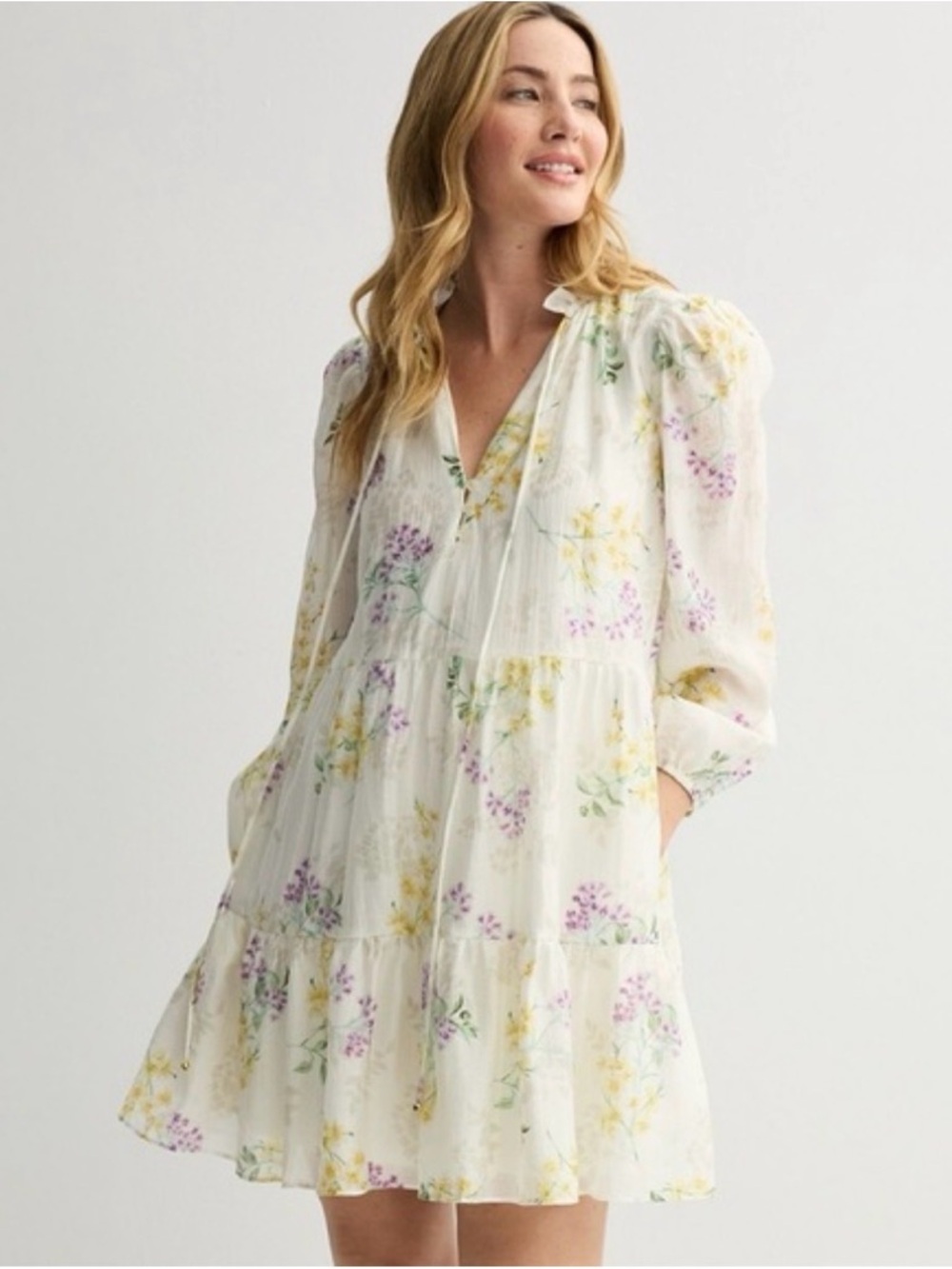 Taylor Pale Green Floral Tiered Mini Dress with Yellow and Lavender Accents